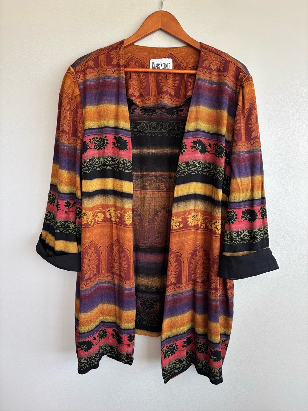 Vintage 90s Orange Hippie Bohemian Floral Open Front Cardigan Long Blazer XL